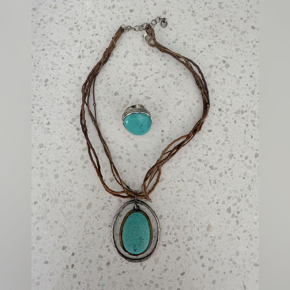 Silpada Leather Howlite & Brass Necklace and Turquoise Ring Set